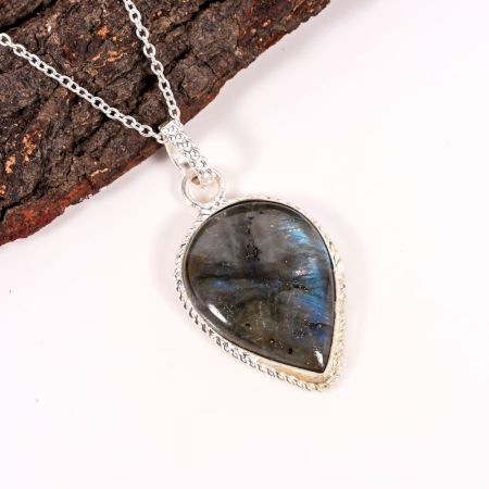 Handmade Silver Plated Brass Pear Shaped Labradorite Necklace for Women